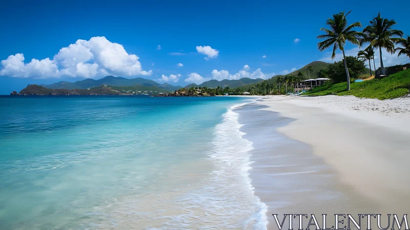 Tropical Beach Paradise with Palm Trees and Mountain Vista.