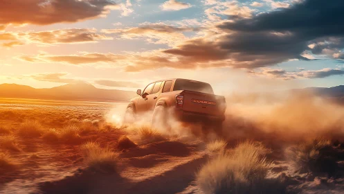 Pickup truck powers through desert trail under blazing sunset