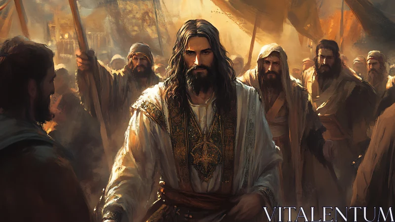 Messianic leader strides through torchlit desert crowd.