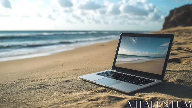 Laptop rests on a sandy beach and mirrors the calm seaside
