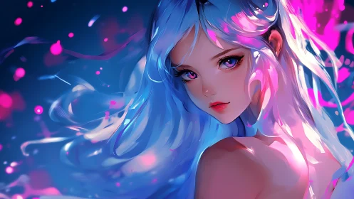 Blue haired anime girl in neon pink and blue light portrait.