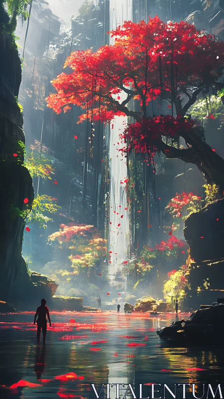 Vertical canyon waterfall with red trees and distant figures.