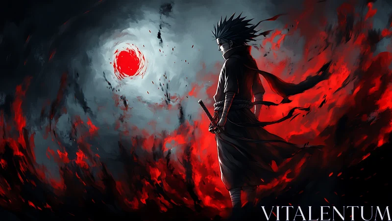 Dark anime swordsman amid swirling red energy storm.