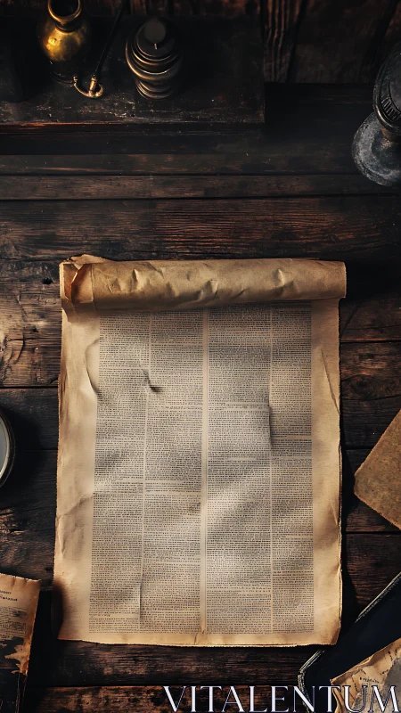 Timeworn newspaper rests gently on a rustic wooden desk