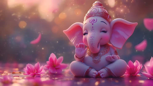 Stylized infant Ganesha figure amid pink lotus blossoms.