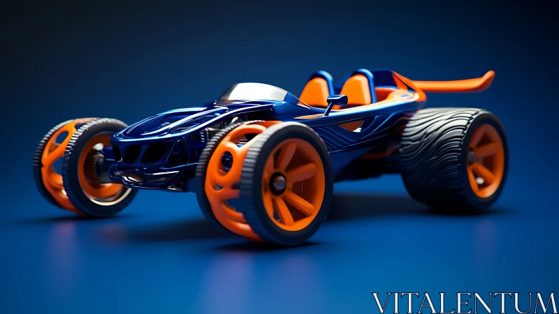 Electric blue toy racer with bold orange off-road wheels.