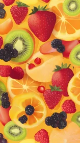Bright mixed fruit pattern with berries and citrus slices.