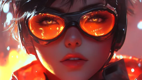 Glimmer-eyed pilot girl behind molten neon visor glow.
