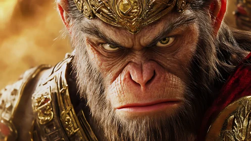 Warrior monkey king glares forward in molten golden light