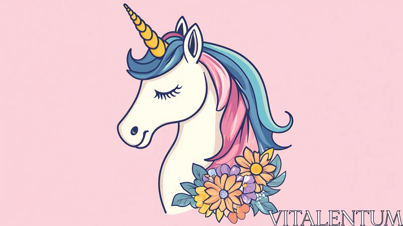 Unicorn head illustration with pastel mane and floral accents