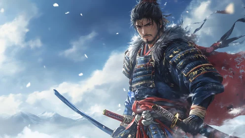 Samurai warrior in armor with sword in snowy mountain landscape.