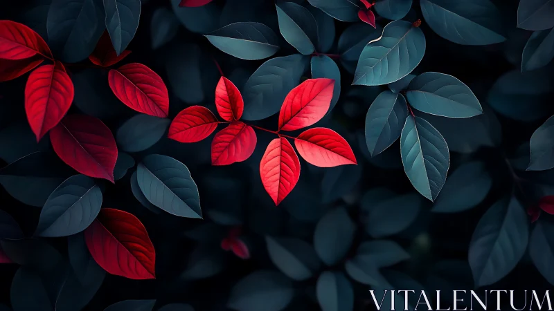 Scarlet leaves glow against deep teal forest foliage.