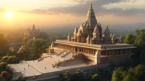 Golden sunrise bathes an ancient temple complex in serene light