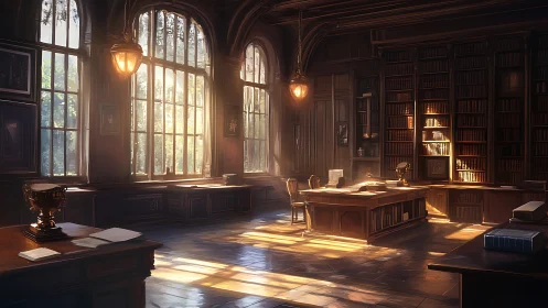 Sunlit mahogany library interior with volumetric light and deep stacks
