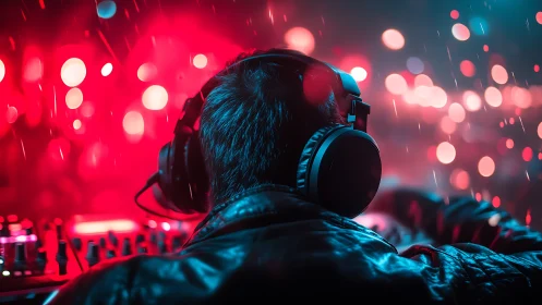 DJ commands neon-lit club deck under electric rain.