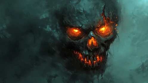 Volcanic spectral skull with incandescing ocular cavities.