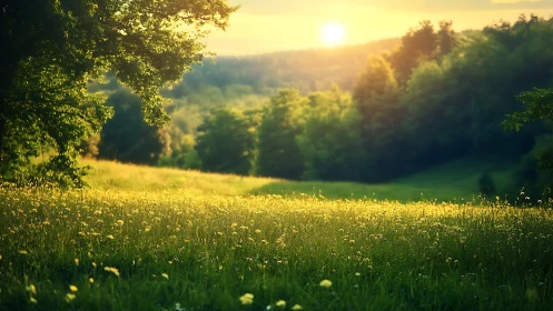 Sunlit meadow with wildflowers and distant forest at sunset.