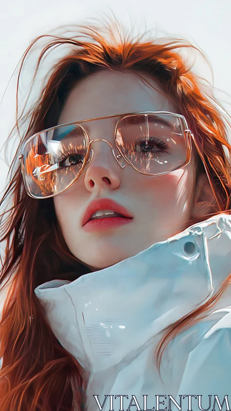 Red-haired subject in reflective glasses and white jacket.
