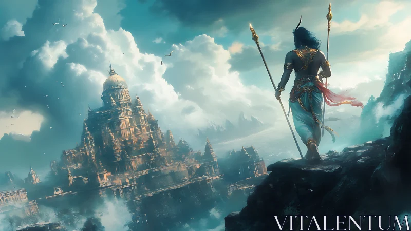 Skyborne warrior gazes upon a mist-drowned celestial citadel.