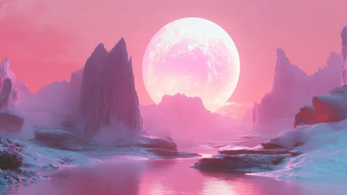 Glacial alien valley under luminous pink supermoon.