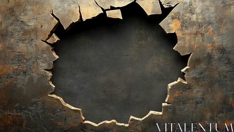 Rugged circular breach in corroded metal wall surface.