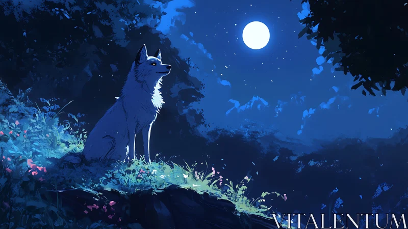 Moonlit hilltop hush finds a lone white wolf listening upward