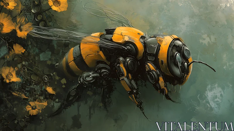 Mechanical bee drone hovers beside yellow wildflowers