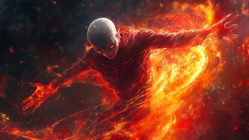 Humanoid figure enveloped in swirling digital fire field.