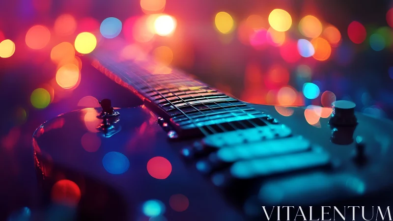 Electric guitar glows beneath dreamy neon bokeh lights.