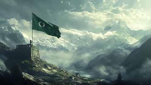 Green standard above stone fortress in misty high peaks.