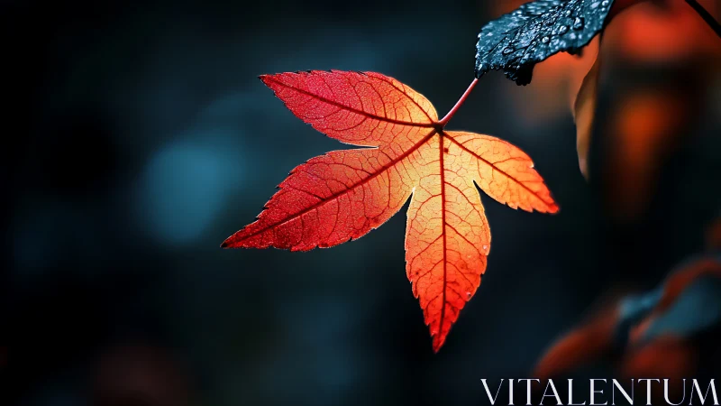 Single red maple leaf glows sharply against dark background