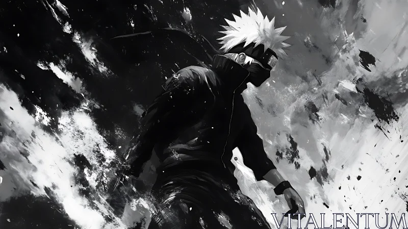 Masked white haired ninja in dynamic black brushstorm scene.
