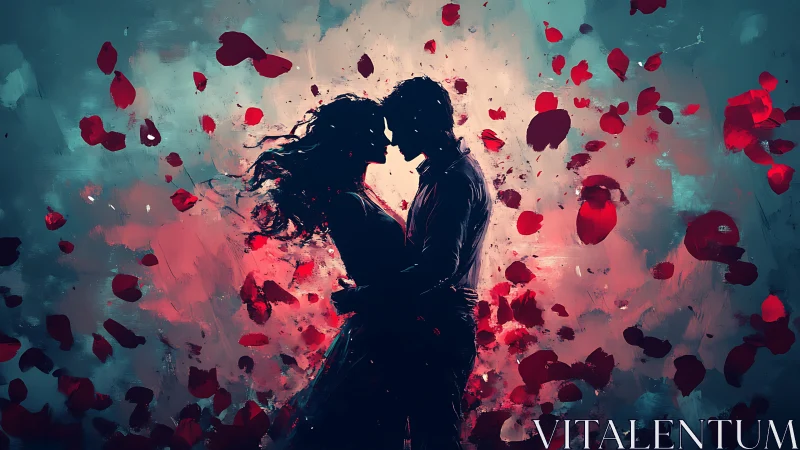 Silhouetted Couple Kissing Amid Suspended Rose Petals. Digital Artwork