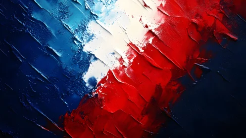 Abstract textured painting of red, white, and blue brush strokes.