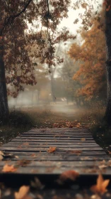 Wooden path under autumn trees in soft atmospheric fog.