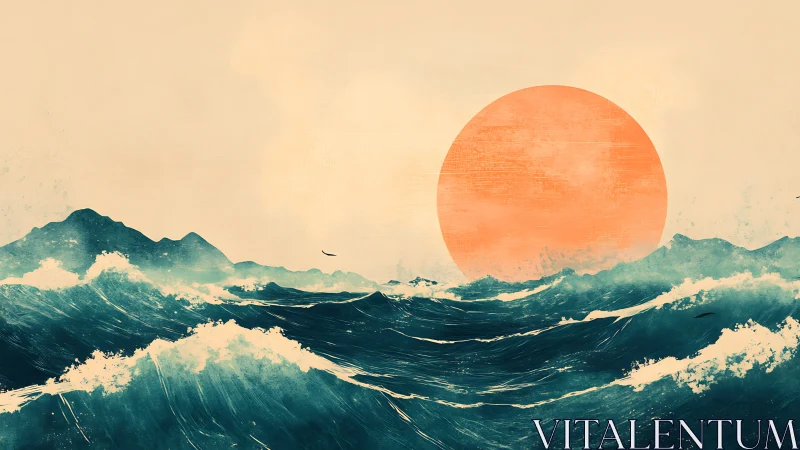 Sun-swollen horizon leans close while teal waves argue loudly