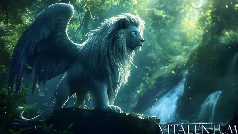 Winged white lion stands guard above a hidden forest waterfall.