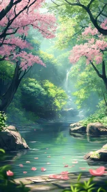 Tree-lined river with pink blossoms and distant waterfall.