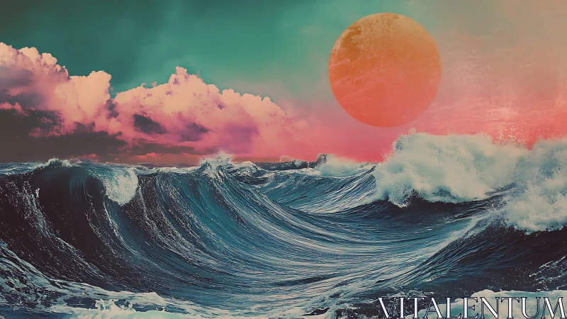 Neon storm waves under surreal coral sun horizon