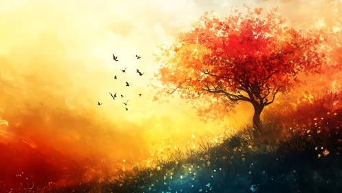 Autumn tree crowns hill under radiant golden sunset sky