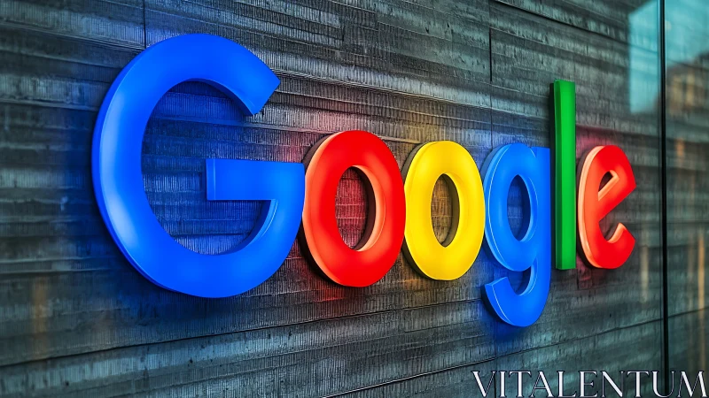 Illuminated Google logotype on brushed metal façade with glossy depth