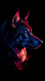 Neon wolf portrait glows with electric crimson highlights.