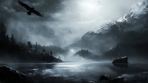 Monochrome mountain lake with bird over calm water surface.