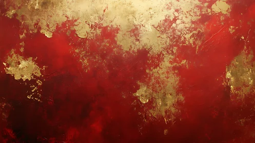 Gold textured abstractions overlay dense red painted surface