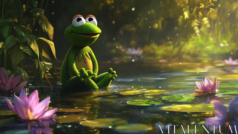 Lotus pond daydreams with a zen green frog guru.