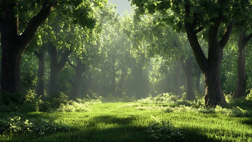 Ancient Forest Corridor: Luminous Canopy and Verdant Ground.