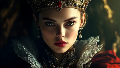 Regal digital portrait renders a jeweled queen in chiaroscuro focus