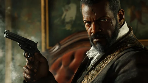 Man holding revolver stares intensely toward the camera