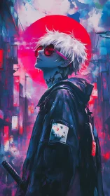 Neon samurai strolls beneath a painted electric sunrise