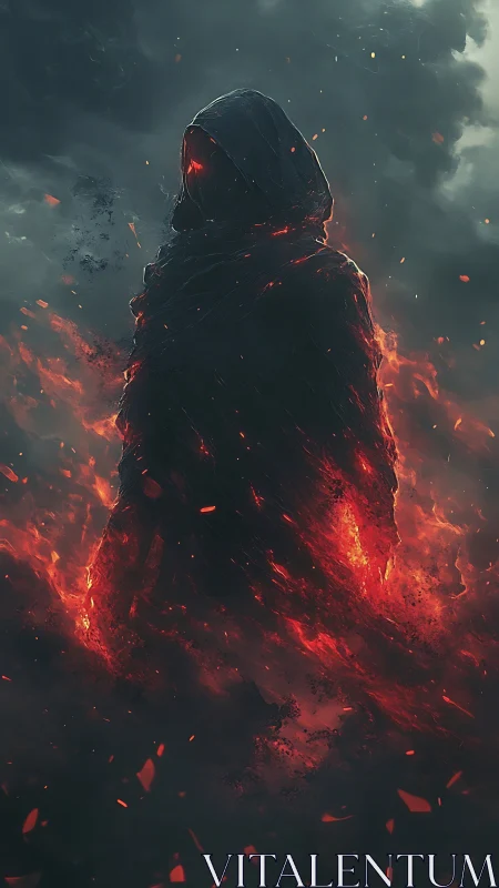 Hooded fiery figure emerging from dark storm clouds.